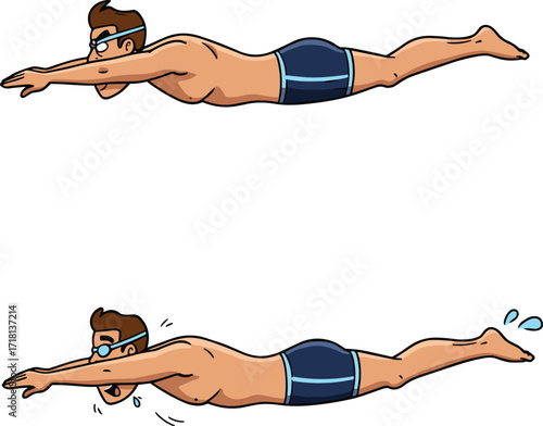 Cartoon swimmer man diving into water, athlete in goggles, swimming pool sport action, aquatic lifestyle design, vector fitness splash artwork