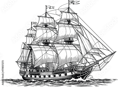 Vintage sailing ship with detailed sails and rigging, antique nautical engraving style illustration of old maritime vessel on the sea