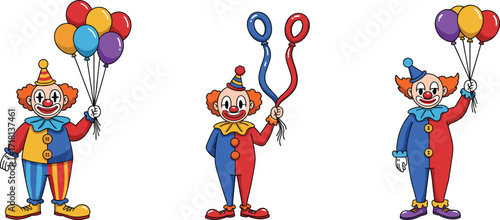 Colorful cartoon clowns holding balloons, funny circus characters, party entertainment illustration, happy clown costume design, kids celebration artwork, festival