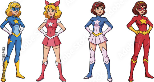 Colorful female superheroes in cartoon style, standing confidently in dynamic poses, wearing star-themed costumes, masks, and boots, isolated vector illustration.