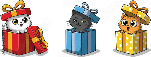 Cute cartoon cats inside colorful gift boxes, adorable kittens with bows, playful pet illustration, festive holiday surprise, birthday celebration design