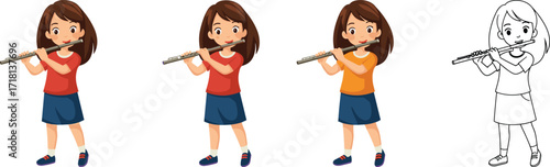 Cute girl playing flute illustration, music instrument education for kids, cartoon character design, coloring book page, children learning music art