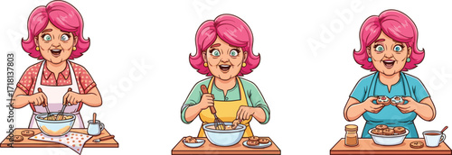 Grandmother baking cookies and muffins in kitchen, cartoon character illustration with apron, dessert preparation, homemade cooking vector art, food lifestyle concept.