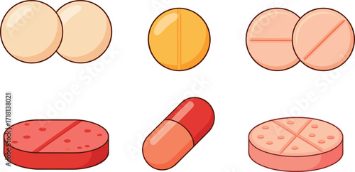 Pill and tablet illustration set, pharmaceutical icons, medication shapes, dosage visuals, healthcare graphics, drug identification, medical vector pack
