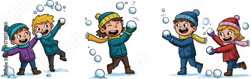 Happy kids playing snowball fight, winter children outdoor activity, fun holiday season game, snowy day cartoon illustration, friends enjoying snow