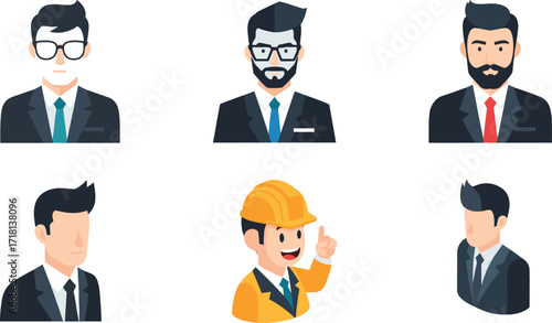 Professional male avatar set, business attire, suit and tie, construction worker icon, occupational diversity, career personas, workplace character illustrations