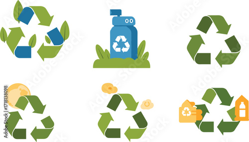 Recycling symbol illustration set, eco-friendly design, sustainability icons, environmental awareness, green lifestyle, waste management, nature and planet care