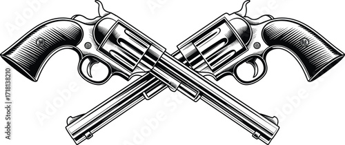 Black and white crossed revolvers vector illustration with vintage pistol detail, Western firearm sketch for bold, symmetrical, retro-themed graphic design