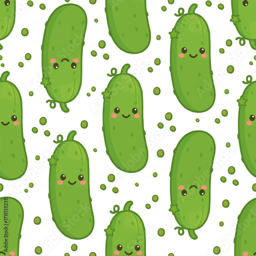 Cute seamless pattern with kawaii cartoon cucumbers and bubbles on white background. Funny pickle character design perfect for wrapping paper, fabric, kids products or packaging and playful decoration