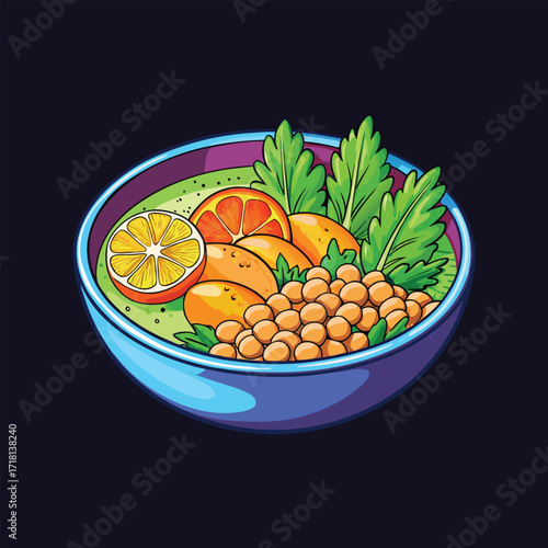 Healthy Bowl with Green Smoothie, Chickpeas, and Orange Slices