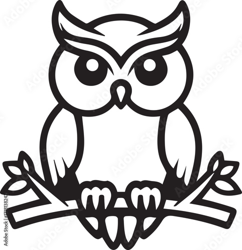 Cute cartoon owl perched on a branch with big eyes and a wise look.
