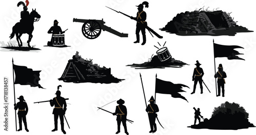 Black silhouette vector set of historical soldiers, cavalry, cannon, flags, tents, and battlefield scenes from 18th and 19th century warfare