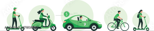 Green Electric Scooter Illustration with Young Person in Matching Outfit for Eco Friendly Transportation