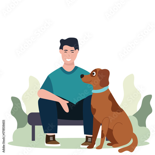 Young man with cute dog. Happy Pet and owner spending time together. vector illustration