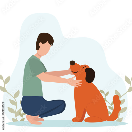 Young man with cute dog. Happy Pet and owner spending time together. vector illustration