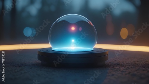 Mysterious glowing energy orb radiating vibrant light on a dark, textured surface, representing advanced technological concepts and the potential for innovation