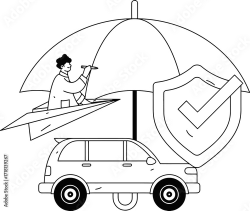 Confident person piloting paper airplane under protective umbrella near secure car and shield, symbolizing comprehensive auto insurance and safe travel planning for a secure journey.