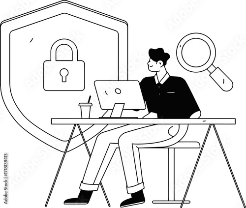 Confident cybersecurity professional analyzing data on computer screen with magnifying glass near digital shield and padlock symbol safeguarding information.
