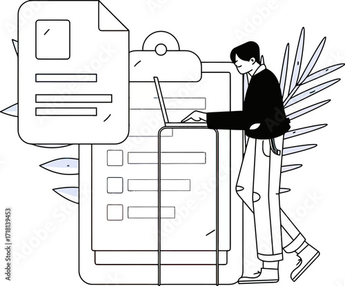Modern professional analyzing data on laptop beside organized documents and charts, signifying success, progress, and strategic planning in business operations and workflow.