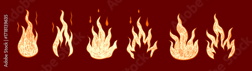Set fire with crayon texture. Scribble flame with texture. Vector illustration
