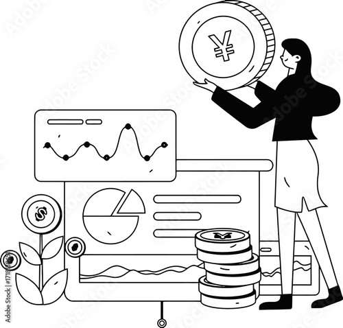 Ambitious entrepreneur skillfully managing financial growth with currency symbol coin and insightful data visualizations for strategic investment planning