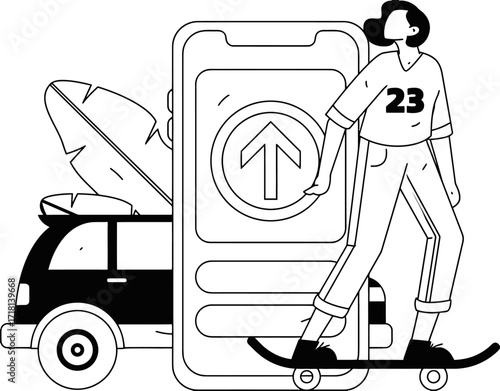 Dynamic young person on skateboard near smartphone app and car, embracing modern urban mobility and digital connection for active lifestyles and seamless urban exploration.