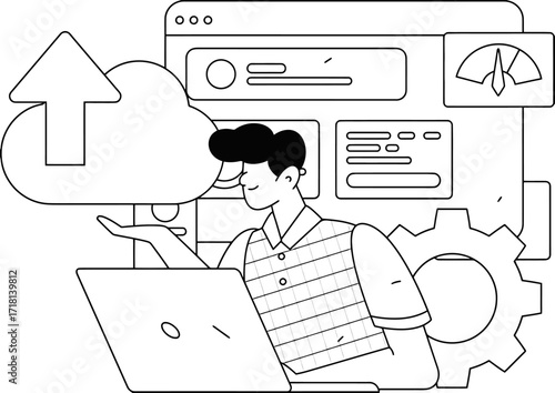 Confident professional orchestrates seamless cloud data upload and system optimization with laptop and digital dashboard insights