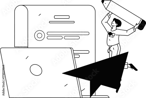 Creative professional bringing ideas to life with giant pencil near laptop and documents, inspiring innovation and design thinking for modern projects