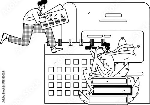 Driven entrepreneur analyzes growth charts while strategist seeks future vision, embodying dynamic business progress and forward-thinking planning.