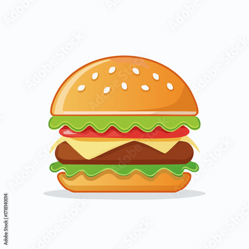 A classic cartoon cheeseburger with lettuce, tomato, and a sesame seed bun on a white background.