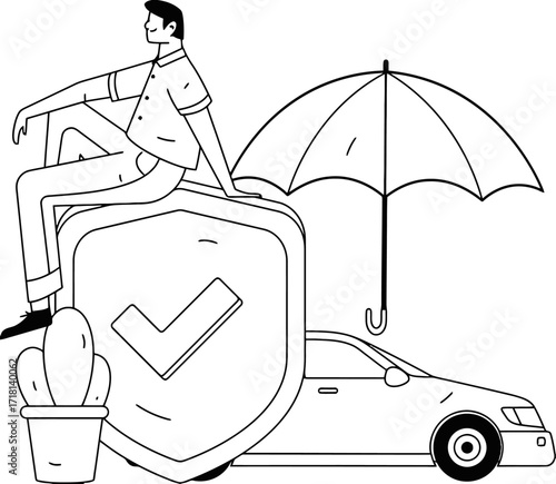Confident man confidently protected by shield and umbrella while car insurance safeguards his journey symbolizing security and peace of mind for modern drivers