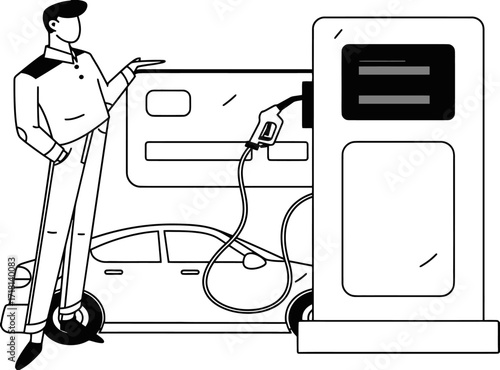 Confident attendant showcasing contactless payment at modern gas station, car refueling with credit card convenience for seamless travel