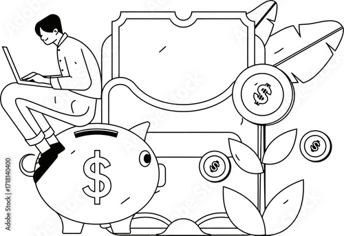 Dynamic entrepreneur confidently managing finances online with laptop and piggy bank symbolizing growth and modern financial success in a vibrant digital world
