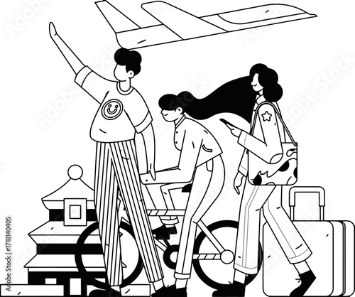 Excited travelers embark on their next adventure, with a plane overhead and iconic architecture hinting at a dream destination, ready for exploration and discovery