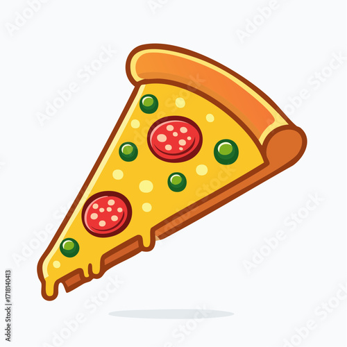A delicious cartoon pizza slice with pepperoni, green peppers, and melted cheese.