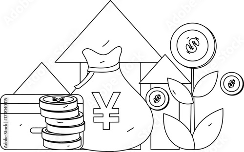 Stunning financial growth concept with money bag, stacked coins, and upward arrow graphs symbolizing investment success and wealth accumulation