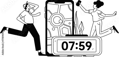 Frantic business professionals race against the clock with a digital map and alarm showing 07:59, capturing the urgency of modern deadlines and on-the-go lifestyles.
