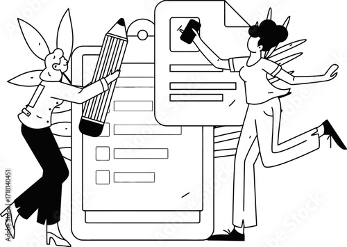 Two dynamic women collaborate on a project, one writing with a giant pencil and the other signing a document, signifying teamwork and task completion in modern business.