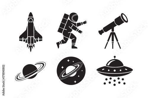 Space exploration icons astronaut rocket telescope ufo and planets