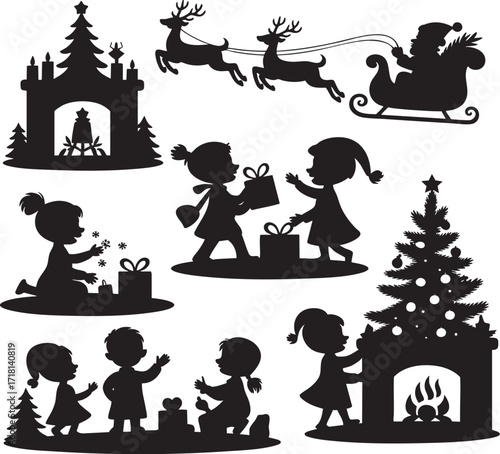 Silhouette christmas scene with santa sleigh reindeer children gifts and christmas trees in black and white