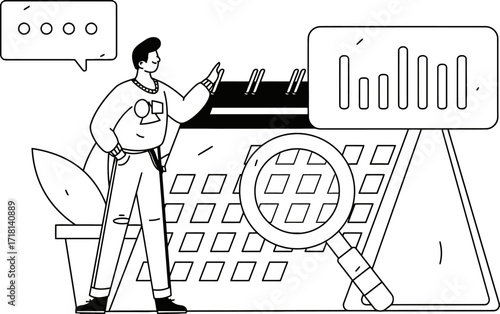 Dynamic business analyst reviewing financial charts and calendar data with a magnifying glass, symbolizing strategic planning and data analysis for growth