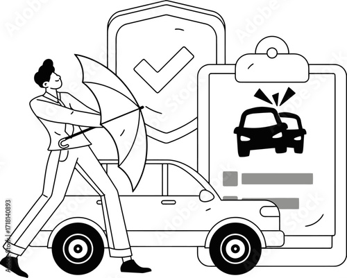 Confident professional shields car with umbrella against accident claims and insurance policy, symbolizing protection and security