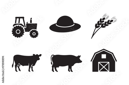 Farm icons silhouette collection featuring tractor cow barn and wheat