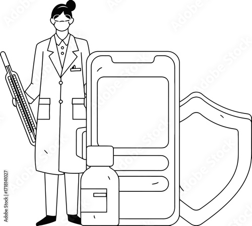 Dedicated healthcare professional with thermometer, vaccine vial, smartphone, and shield represents medical innovation and patient safety, vital for modern health solutions.