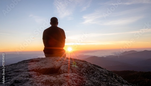 Man Contemplating the Sunset A Moment of Solitude and Reflection on a Mountain Peak
