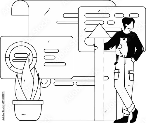 Modern professional analyzing data charts and reports with focused attention while standing near office plant and growth concept visuals