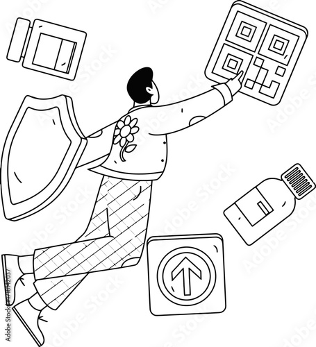 Confident person leaps forward, holding shield and QR code, symbolizing secure digital access and forward momentum in technology and business growth