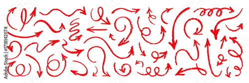 Arrow crayon. Red line arrows. Hand drawn pencil mark. Check brush chalk or pen emphasis. Underline red color stroke set. Marker crayon doodle set. Sketch handwritten element. Highlight vector sign bg
