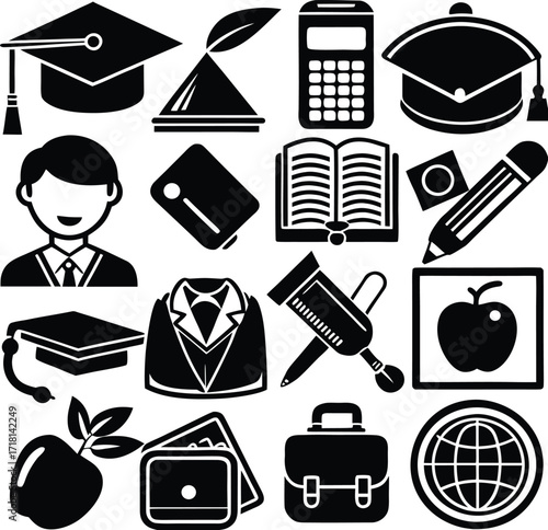 Education and learning icons set graduation caps books pencil apple calculator globe briefcase blazer and student icons for academic concepts and knowledge
