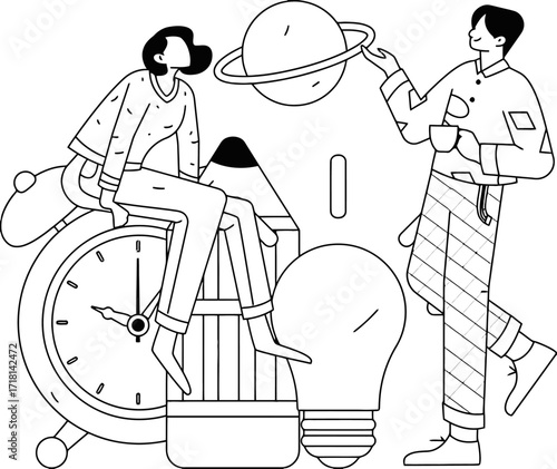 Creative minds collaborating on innovative ideas, symbolized by planets, clocks, and lightbulbs, fostering inspiration and forward-thinking business growth.